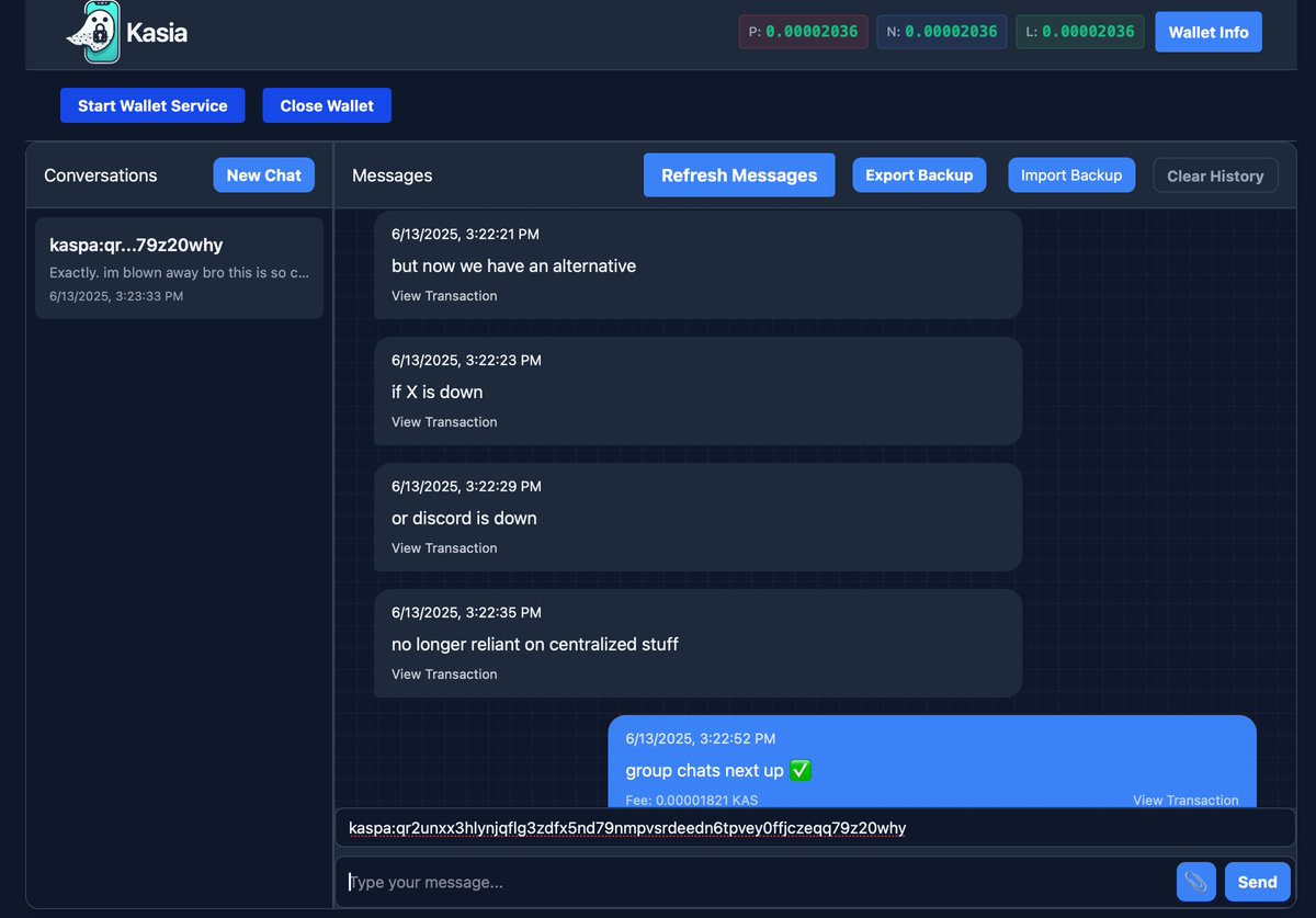 Wow. Chatting with <a href="/KaspaSilver/">Kaspa Silver 𐤊</a> using <a href="/kasiamessaging/">Kasia</a> which is secure and anonymous P2P messaging built on $KAS. 10 KAS will allow you to send thousands of messages. 

This is literally an alternative to the big cellular companies that charge outrageous prices plus require full
