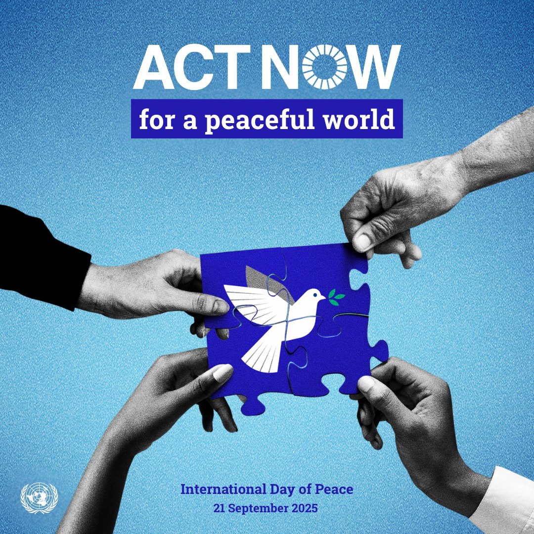 On 21 Sept, the world unites for the Int'l Day of Peace. 

“Act Now for a Peaceful World.” Peace can’t wait — and it starts with us.

As we launch the 100-day countdown to Peace Day, let’s do our part to forge a more peaceful world 💯🕊️

🔗 Learn more: tinyurl.com/y5yv4ssm