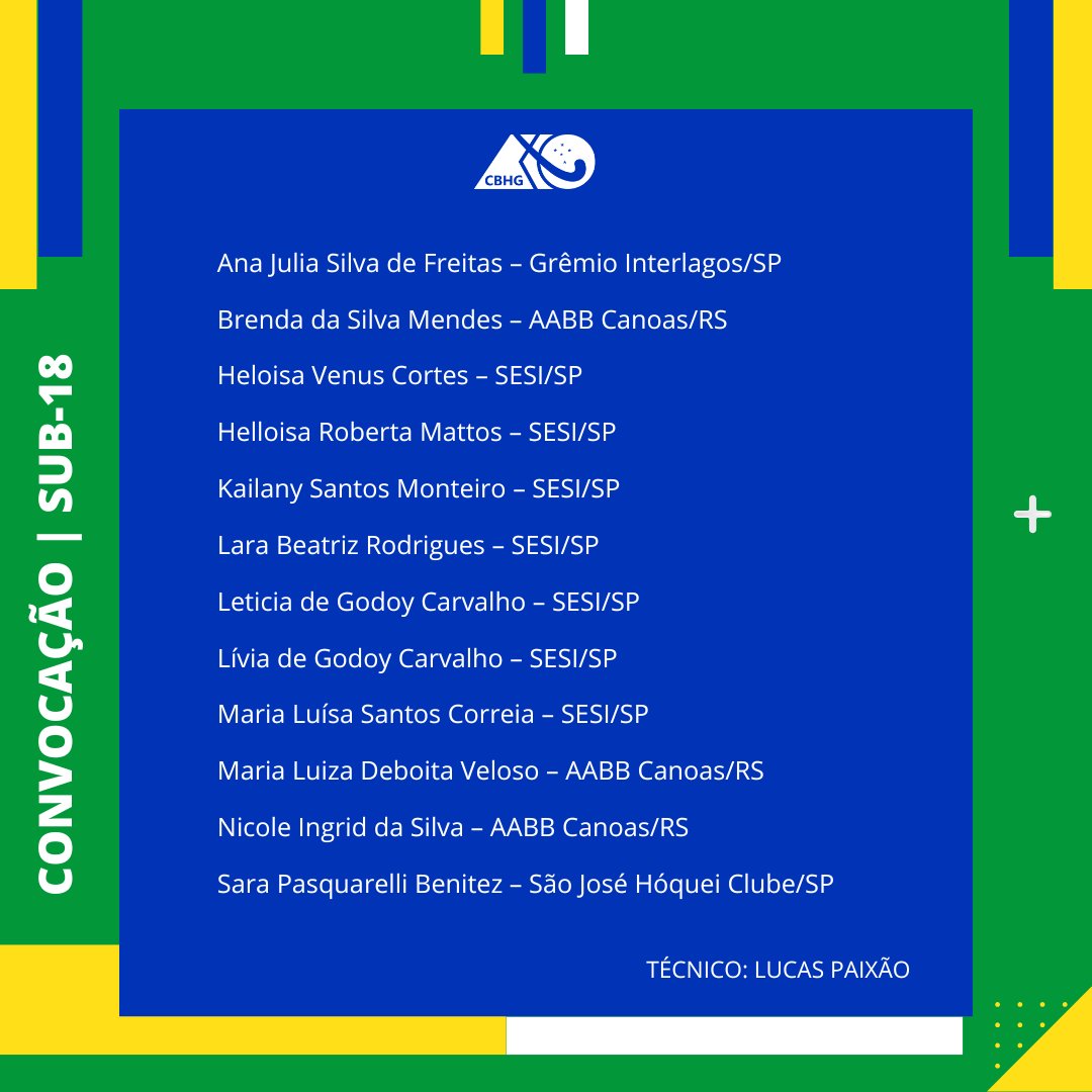 A Confederação Brasileira de Hóquei sobre a Grama e Indoor (CBHG) comunica a relação das atletas convocadas para o período de treinamento da Seleção Feminina Sub-18. As atividades ocorrerão na cidade do Rio de Janeiro - RJ, no período de 2 a 8 de agosto de 2025.