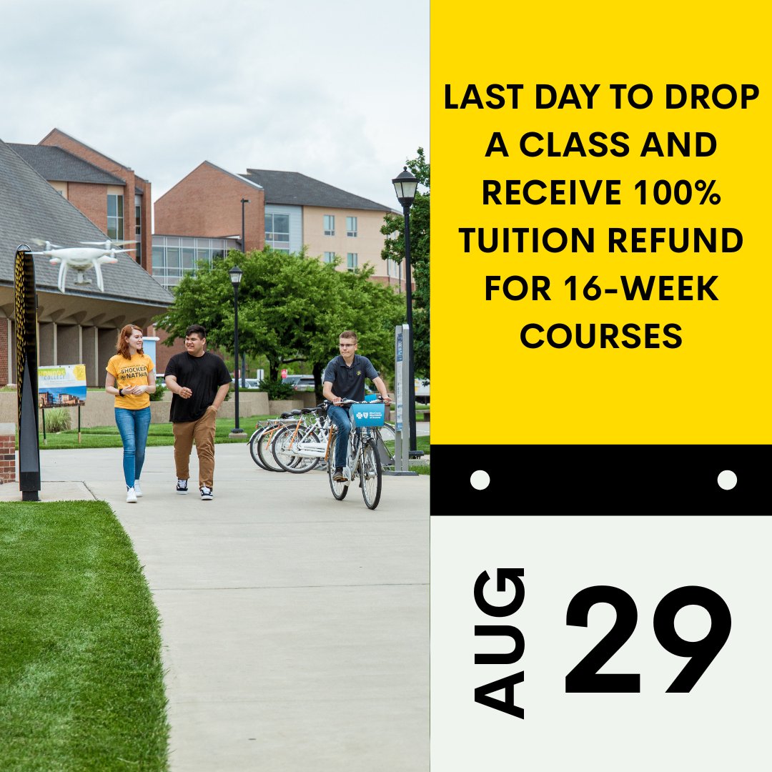 Friday’s the last day to drop a 16-week course to get a 100% tuition refund and not have the class show on your transcript!
#becomemore #fairmountcollege #wichitastate