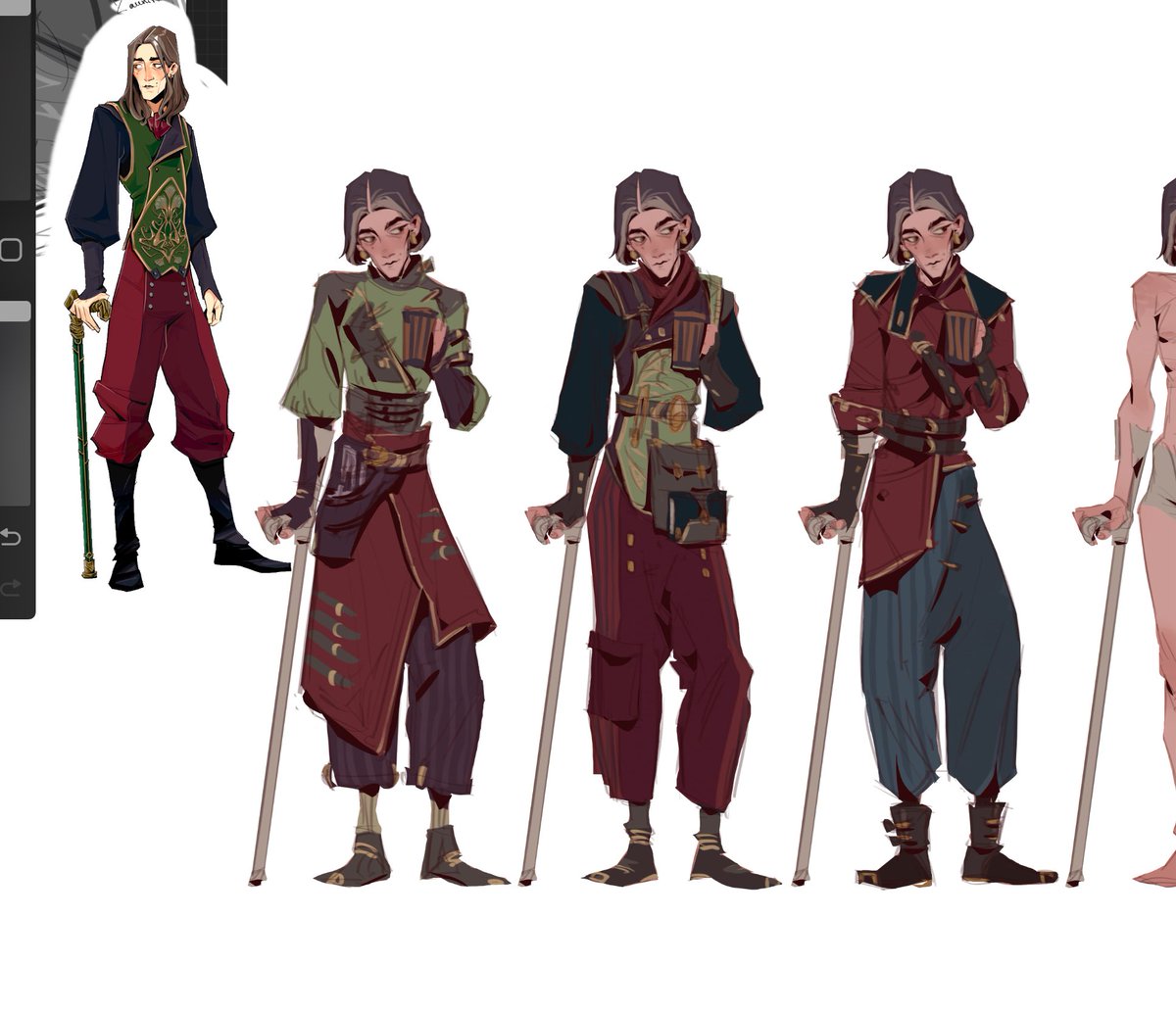 let’s goo
i kinda want to make him more of a… zaun-style craftsman (everything practical, within reach, slightly asymmetrical) rather than a full-on fancy diva (though there’s a bit of that too).

fun fact! all the pants are wide so he can hide the brace in them 👁