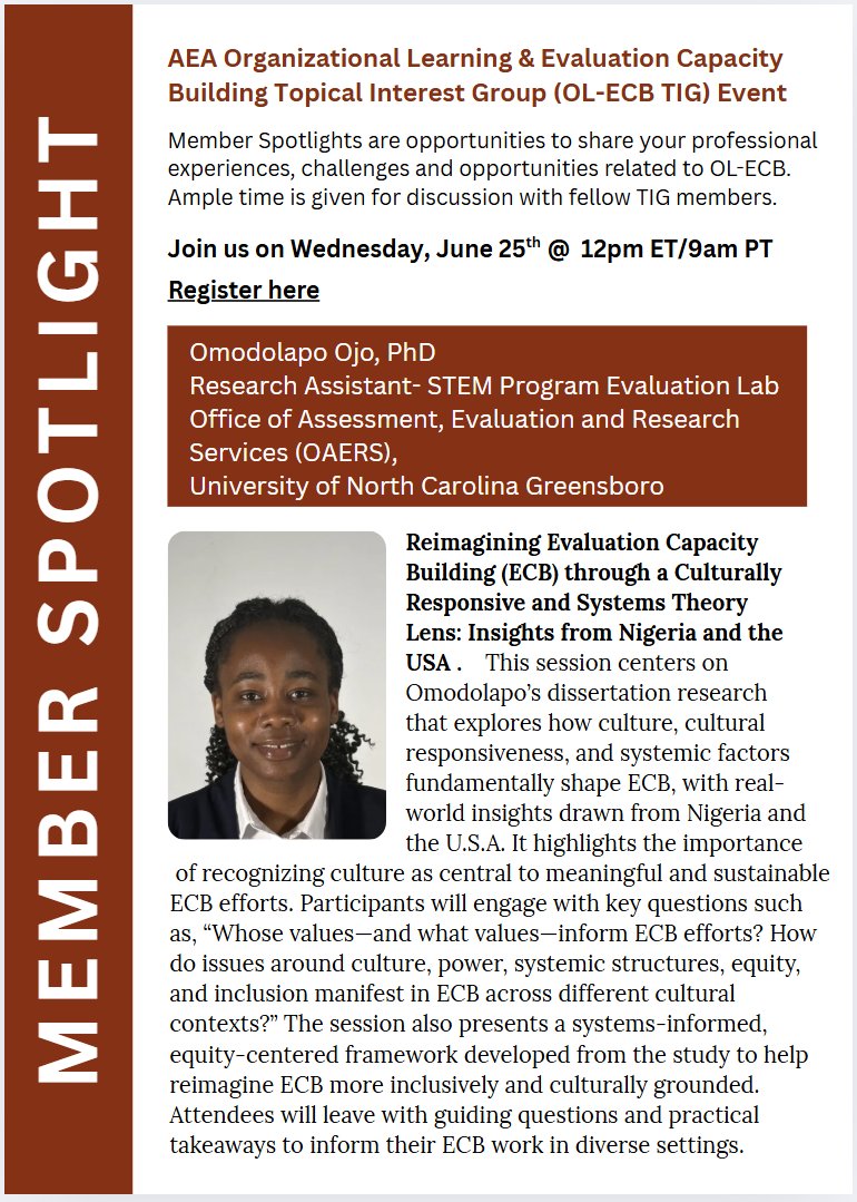 🎉 Upcoming Spotlight! 🎉
 📅 June 25th, 2025
 🔗 Register now: bit.ly/43FQXvk
I'm thrilled to invite you to my upcoming presentation in the American Evaluation Association's Organizational Learning and Evaluation Capacity Building (OL-ECB) TIG Spotlight Series!