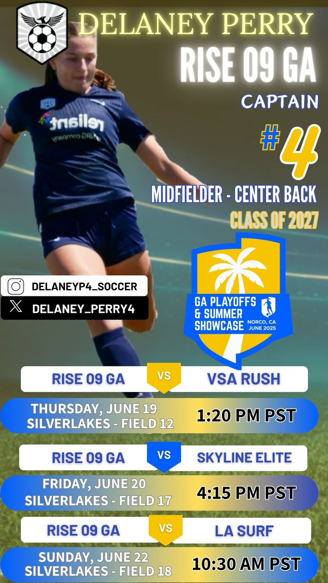 Delaney Perry - CAM/CB - #4 (@delaney_perry4) on Twitter photo It's almost time to head out to Cali for the #GASummerShowcase - Come check the #RISE09G squad and I out!! Ready to compete!
<a href="/GAcademyLeague/">Girls Academy</a> <a href="/RiseSoccerClub/">RISE Soccer Club</a>
<a href="/PrepSoccer/">Prep Soccer โฝ๏ธ</a>ย
<a href="/PrepSoccerTX/">Prep Soccer Texas</a> ย
<a href="/ImYouthSoccer/">ECNL/GA/Recruiting/College Soccer</a> <a href="/ImCollegeSoccer/">College Soccer Truth โข</a> <a href="/TheSoccerWire/">SoccerWire</a> <a href="/TopDrawerSoccer/">TopDrawerSoccer</a>
#GASummer It's almost time to head out to Cali for the #GASummerShowcase - Come check the #RISE09G squad and I out!! Ready to compete!
<a href="/GAcademyLeague/">Girls Academy</a> <a href="/RiseSoccerClub/">RISE Soccer Club</a>
<a href="/PrepSoccer/">Prep Soccer โฝ๏ธ</a>ย
<a href="/PrepSoccerTX/">Prep Soccer Texas</a> ย
<a href="/ImYouthSoccer/">ECNL/GA/Recruiting/College Soccer</a> <a href="/ImCollegeSoccer/">College Soccer Truth โข</a> <a href="/TheSoccerWire/">SoccerWire</a> <a href="/TopDrawerSoccer/">TopDrawerSoccer</a>
#GASummer