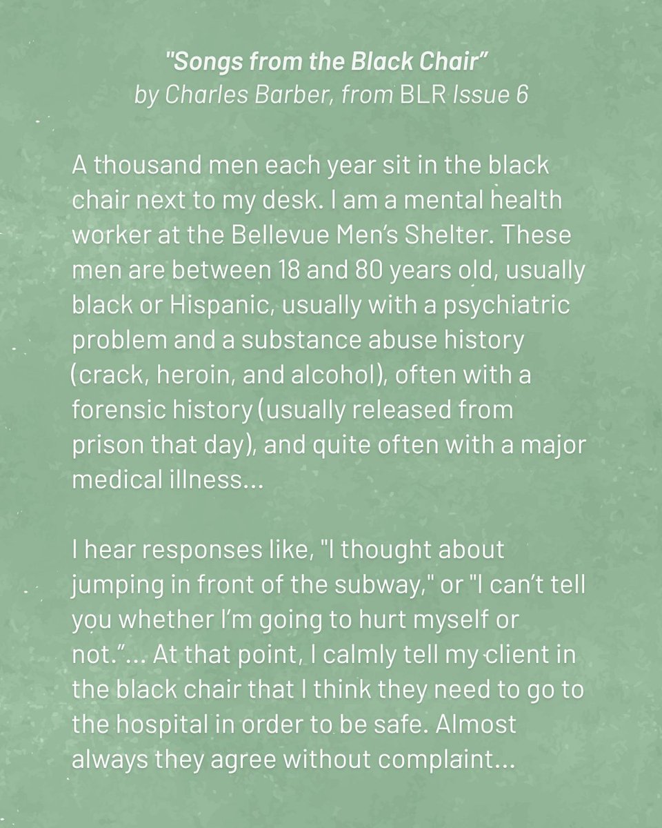Bellevue Literary Review (@blreview) on Twitter photo BLR's Weekly Read brings you one outstanding story, poem, or essay from our archive.📖 This week's read is "Songs from the Black Chair" by <a href="/BarberWriter/">Charles Barber</a>, an essay from Issue 6 that was the first BLR piece to win a Pushcart Prize: blreview.org/nonfiction/son…
#literarymagazine BLR's Weekly Read brings you one outstanding story, poem, or essay from our archive.📖 This week's read is "Songs from the Black Chair" by <a href="/BarberWriter/">Charles Barber</a>, an essay from Issue 6 that was the first BLR piece to win a Pushcart Prize: blreview.org/nonfiction/son…
#literarymagazine