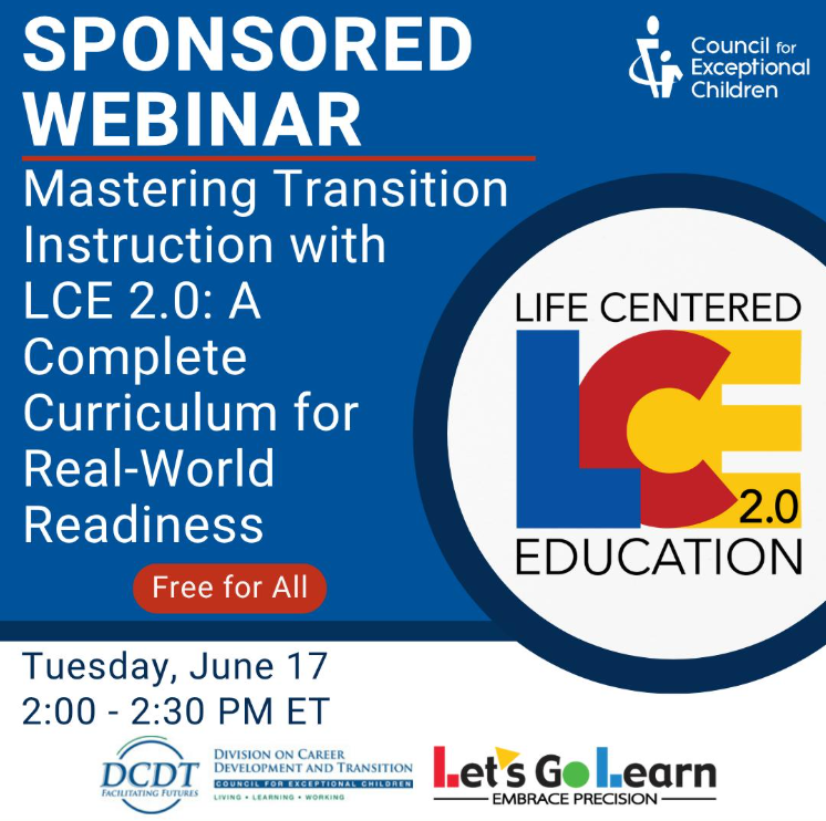 letsgolearn's tweet image. 🚨 Webinar Alert!
Join Stacie Dojonovic (DCDT Exec. Dir.) &amp;amp; Richard Capone (Let&apos;s Go Learn CEO) to explore how the new LCE 2.0 simplifies teaching life, career &amp;amp; transition skills.
🎓 For new &amp;amp; veteran educators alike!
#SpecialEducation #TransitionEd
