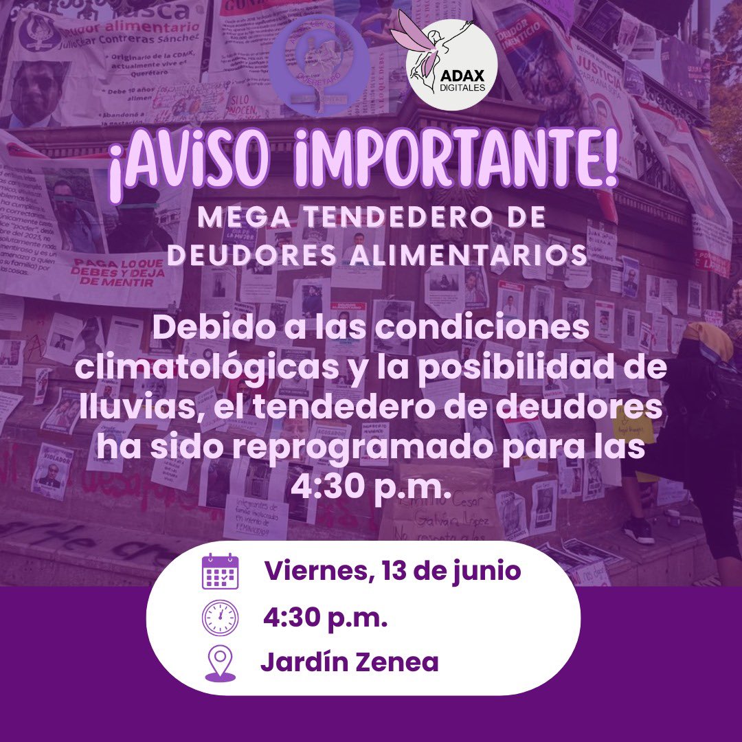 📢 ¡AVISO IMPORTANTE!
Debido a las condiciones climatológicas y la posibilidad de lluvias, nuestro Mega Tendedero de Deudores Alimentarios ha sido reprogramado para las ⏰ 4:30 p.m. este viernes 13 de junio en el Jardín Zenea.

👉🏽 Agradecemos su comprensión