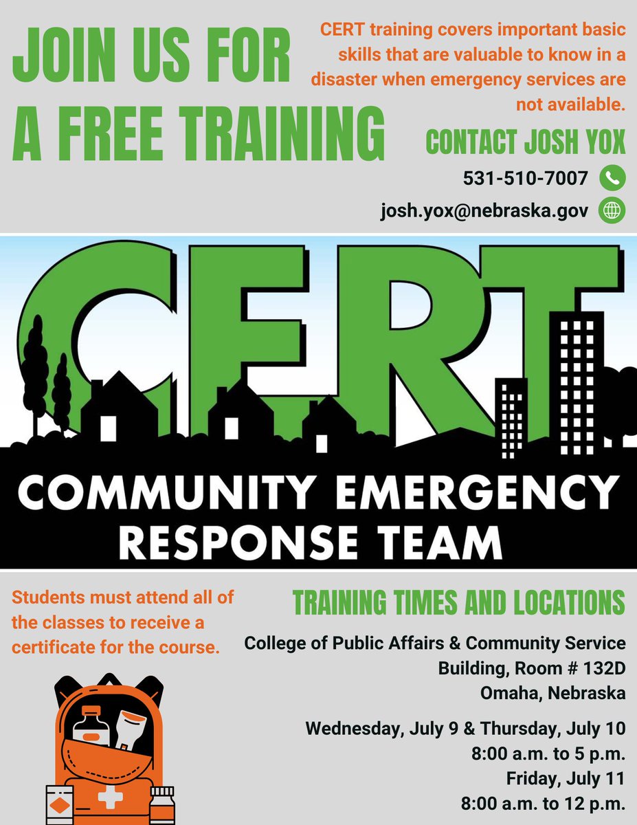 📢A FREE CERT basic training course is happening in Omaha.

➡️College of Public Affairs &amp; Community Service Building
✔️July 9 &amp; 10 from 8:00 a.m. to 5 p.m.
✔️July 11 from 8:00 a.m. to 12 p.m.
*You must attend all of the classes.

Register here: nema.nebraska.gov/nema-calendar-…