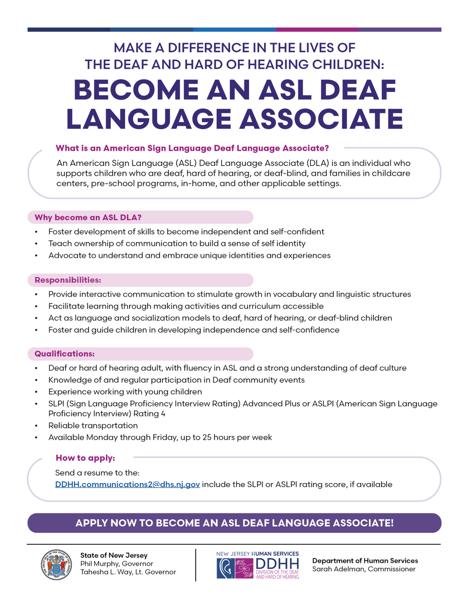 Want to make a difference in the lives of deaf and hard of hearing children? Become an ASL Deaf Language Associate!
💻Send your resume to DDHH.communications2@dhs.nj.gov. Include your SLPI or ASLPI rating score, if available