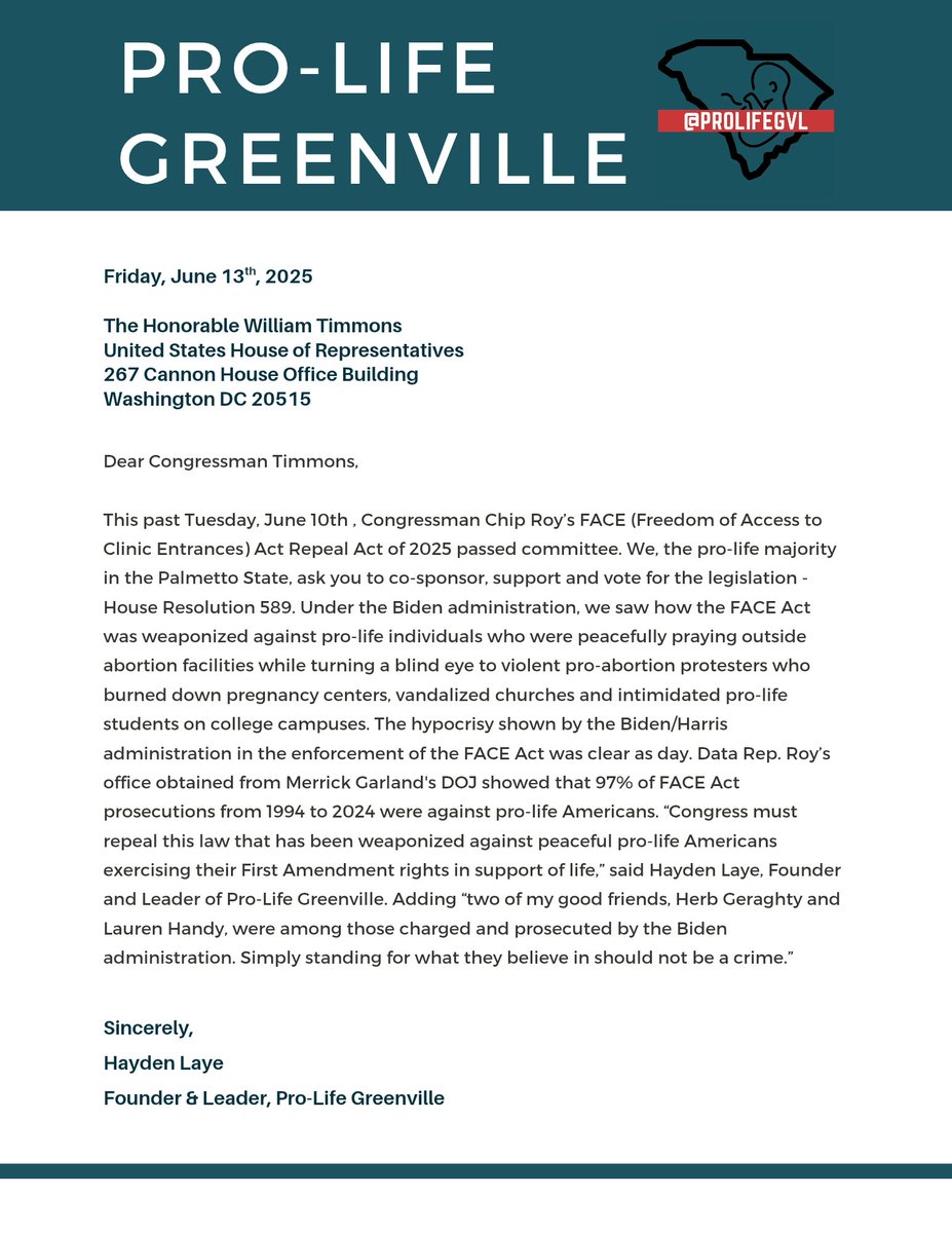 ChooseLifeGVL's tweet photo. Copies of letters sent by @80sPolitics to @RepTimmons @RepRalphNorman and @RepSheriBiggs. #RepealFACE https://t.co/eUPOWJ3e8Q