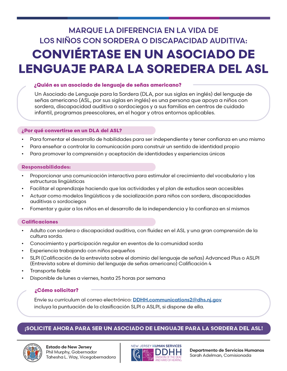 Quiere marcar la diferencia en la vida de los niños con sordera o con dificultades auditivas? Conviértase en un Asociado de Lenguaje para la Sordera de ASL!
💻Envíe su currículum a DDHH.communications2@dhs.nj.gov. Incluya su puntuación SLPI o ASLPI, si la tiene