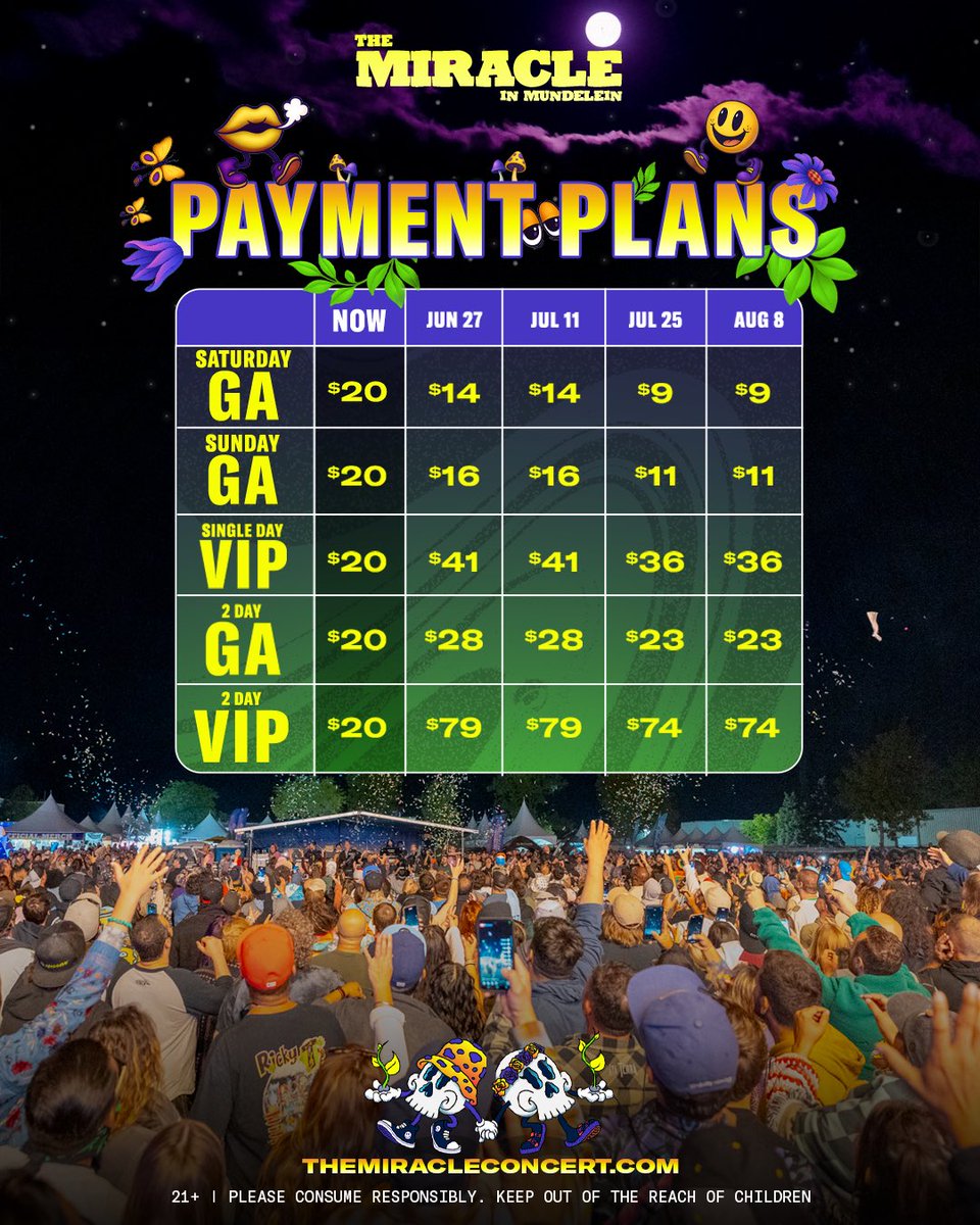 miracleconcert's tweet photo. 💥 PAYMENT PLANS ARE HERE 💥 Lock in any pass type for $20 down and split the rest of the cost up into very manageable payments! 🌈 

📍Mundelein, IL | 21+
 🎟️: https://t.co/wloI1XtBd6 https://t.co/iYbuGR0Zjg
