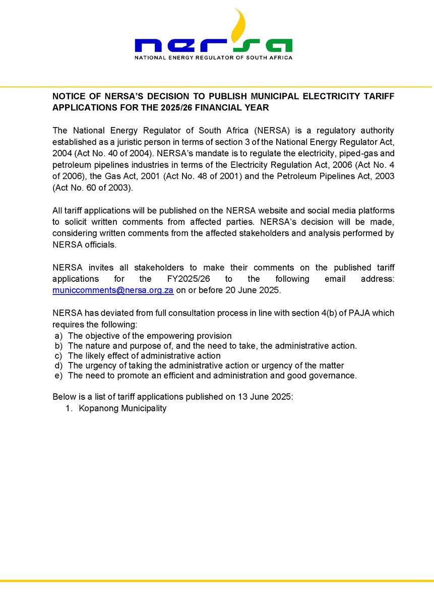 Notice of NERSA’s decision to publish municipal electricity tariff applications for the 2025-26 financial year - 13 June 2025