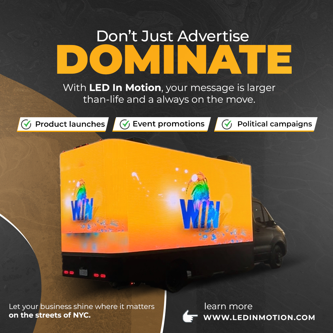 ledinmotion01's tweet image. 📢 Don’t Just Advertise — DOMINATE!
With LED In Motion, your message is always on the move!

Perfect for: 

✅Product Launches ✅Events ✅Campaigns

Let your brand shine on the streets of New York City.

#LEDAdvertising #NYCMarketing #MobileBillboard #LEDInMotion