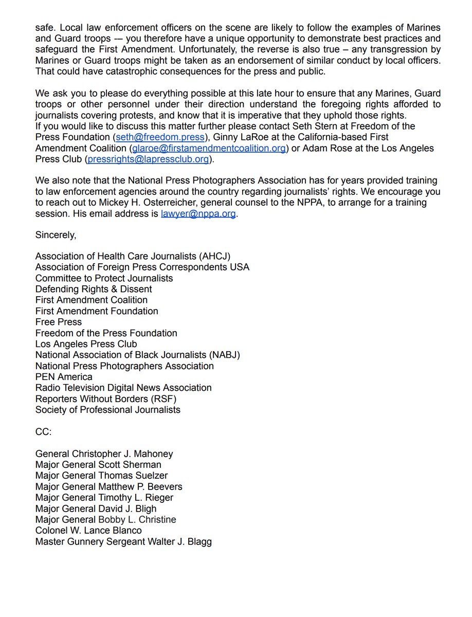 The Marines and National Guard shouldn't be deployed to protests in LA, Texas or anywhere else.

But since they are, we led a letter from press freedom groups explaining the basics of journalists' rights when covering demonstrations, and offering our help.
media.freedom.press/media/document…