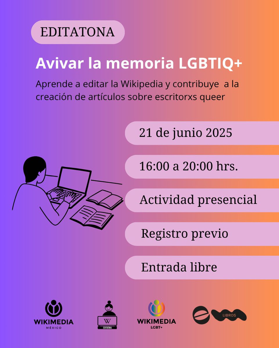 ¡Llega una <a href="/editatona/">Editatona</a> a El Entusiasmo!
&lt;Avivar la memoria Lgbtiq+&gt;

Será un único encuentro presencial el sábado 21 de junio, de 16 hrs a 20 hrs, entrada gratuita con registro previo a través de este link: docs.google.com/forms/d/e/1FAI…
