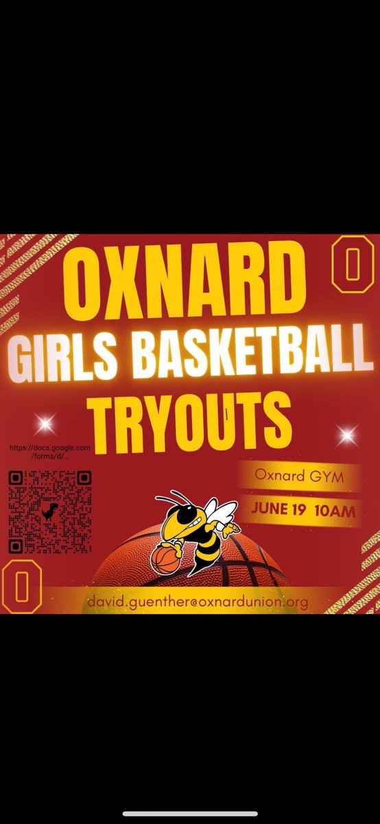 GirlsOxnard's tweet image. Oxnard high school girls basketball!!!! New students/players Scan the QR code and fill out for more information to try out
Must have sports physical completed!
THURSDAY June 19th. 10am!!
@vcspreps @OxnardHSASB @OxnardAthletics @TheGaragePod @JacketPrincipal @Oxnard_Softball