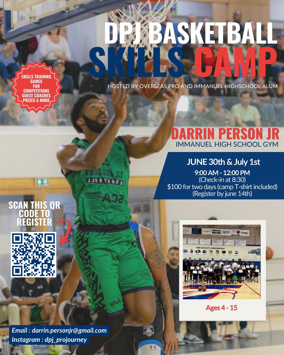 Darrin Person Jr (@dpjr_25) on Twitter photo 🚨 Limited Spots Left!
The DPJ Basketball Skills Camp is almost FULL! 🏀
📅 June 30 – July 1 | ⏰ 9AM–12PM | 📍 Immanuel High School
🎽 Register ASAP to guarantee a shirt and your spot — only a few spots left!
register here payit.nelnet.net/form/uGrWzXDY 🚨 Limited Spots Left!
The DPJ Basketball Skills Camp is almost FULL! 🏀
📅 June 30 – July 1 | ⏰ 9AM–12PM | 📍 Immanuel High School
🎽 Register ASAP to guarantee a shirt and your spot — only a few spots left!
register here payit.nelnet.net/form/uGrWzXDY