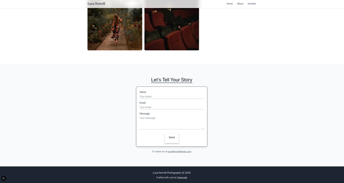 tapecodeEnt's tweet image. Day 1 of my #Tapecode Build Sprint is live! Check it here: portfolio-photography-day1.vercel.app Built a photography site for Luca Norrell: polaroid Hero, vintage About, masonry Portfolio, postcard Contact. 
By Next.js &amp;amp; Tailwind. Check it at tapecode.vercel.app! #WebDev #NextJS #Tapecod