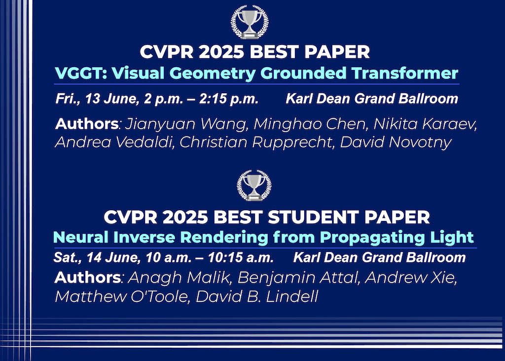 #CVPR2025 (@cvpr) on Twitter photo Best Paper and Best Student Paper
Congratulations to the #CVPR2025 Best Paper and Best Student Paper Winners! <a href="/AIatMeta/">AI at Meta</a>,
<a href="/Oxford_VGG/">Visual Geometry Group (VGG)</a>, <a href="/UofT/">University of Toronto</a>, <a href="/CarnegieMellon/">Carnegie Mellon University</a> , <a href="/VectorInst/">Vector Institute</a> Find out more: cvpr.thecvf.com/Conferences/20… Best Paper and Best Student Paper
Congratulations to the #CVPR2025 Best Paper and Best Student Paper Winners! <a href="/AIatMeta/">AI at Meta</a>,
<a href="/Oxford_VGG/">Visual Geometry Group (VGG)</a>, <a href="/UofT/">University of Toronto</a>, <a href="/CarnegieMellon/">Carnegie Mellon University</a> , <a href="/VectorInst/">Vector Institute</a> Find out more: cvpr.thecvf.com/Conferences/20…
