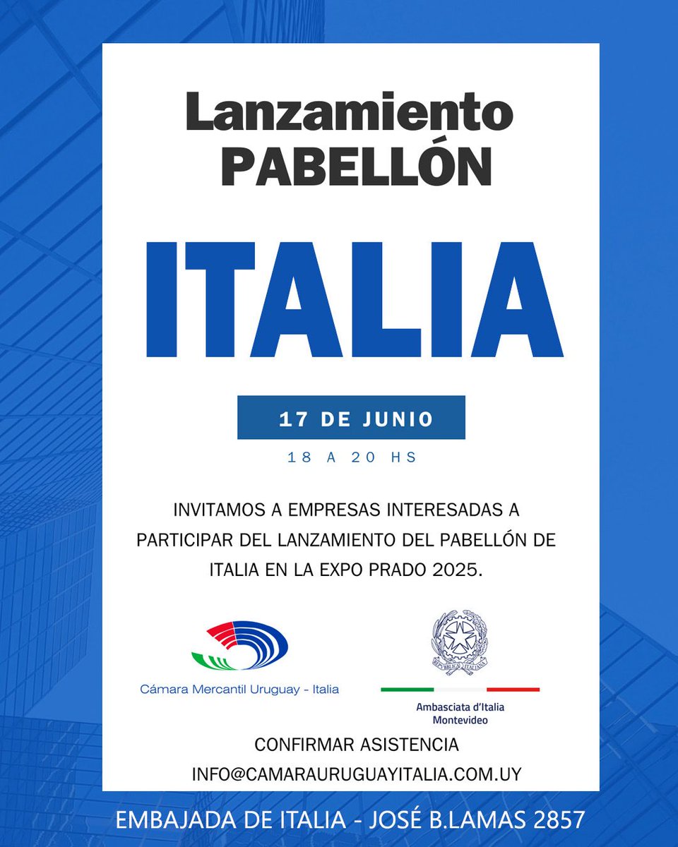 Italy in Uruguay (@italyinuruguay) on Twitter photo Después del gran éxito del año pasado, Italia vuelve a participar al #ExpoPrado! 🎉Señalamos el lanzamiento del Pabellón Italia 🇮🇹 para el Expo Prado 2025, dedicado a las empresas interesadas.
⌚ | Mar 17 Junio 18-20h
📍 | Embajada de Italia
📧 | info@camarauruguayitalia.com.uy Después del gran éxito del año pasado, Italia vuelve a participar al #ExpoPrado! 🎉Señalamos el lanzamiento del Pabellón Italia 🇮🇹 para el Expo Prado 2025, dedicado a las empresas interesadas.
⌚ | Mar 17 Junio 18-20h
📍 | Embajada de Italia
📧 | info@camarauruguayitalia.com.uy
