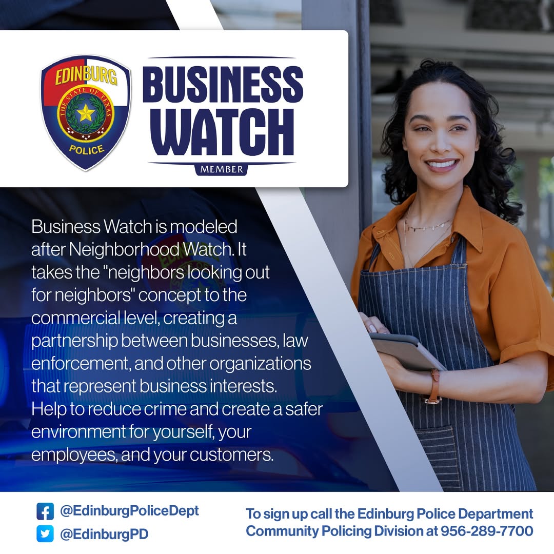More than 90 businesses have already joined Edinburg PD’s Business Watch — and we’re just getting started!
Be part of this growing network focused on safety, support, and crime prevention. Let’s protect our businesses and strengthen our community, together! 💪🤝 #EdinburgCares