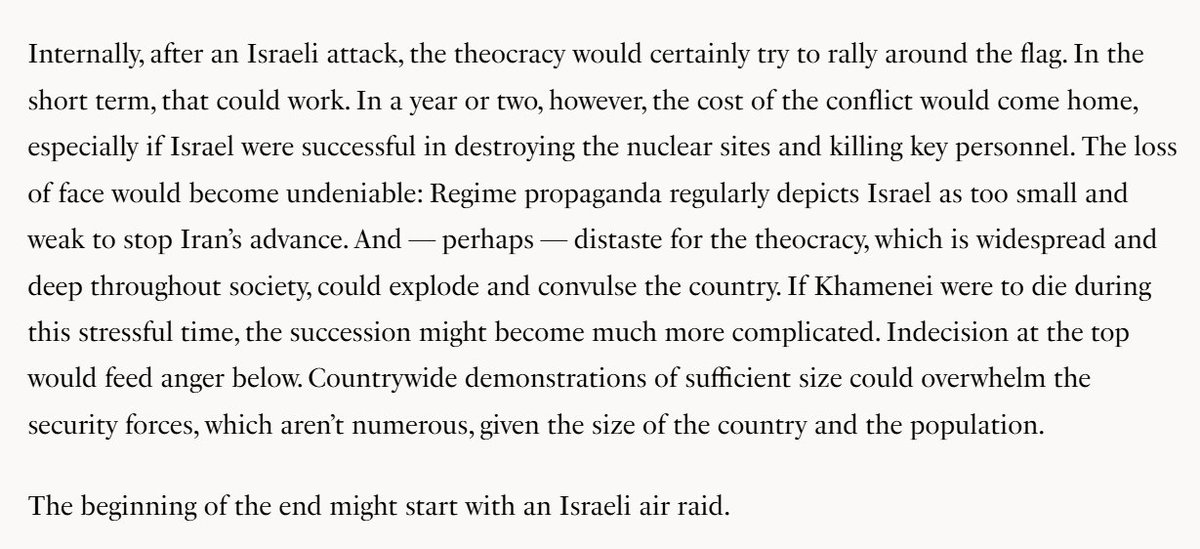 “The beginning of the end might start with an Israeli air raid,” wrote security analyst <a href="/ReuelMGerecht/">Reuel Marc Gerecht</a> in a 2022 SAPIR piece about Iran. As Israel continues a wave of strikes, revisit his essay, “What Will Stop the Islamic Republic of Iran.”sapirjournal.org/aspiration/202…