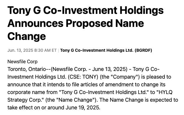 HYLQ, the new name of TONY G, is the FIRST PUBLIC COMPANY to hold HYPE on their balance sheet. 

HYLQ stands for HYLQ Strategy Corp. The name is similar to Micro Strategy, also known as MSTR or Strategy, invoking its precedence of being a public company holding HYPE. 

The