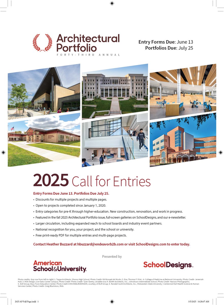 AS&U Magazine (@asu_mag) on Twitter photo The 2025 Architectural Portfolio entry forms due TODAY June 13! Contact Heather Buzzard at hbuzzard@asumag.com to reserve your spot! #asumag #AP25 #educationdesign The 2025 Architectural Portfolio entry forms due TODAY June 13! Contact Heather Buzzard at hbuzzard@asumag.com to reserve your spot! #asumag #AP25 #educationdesign