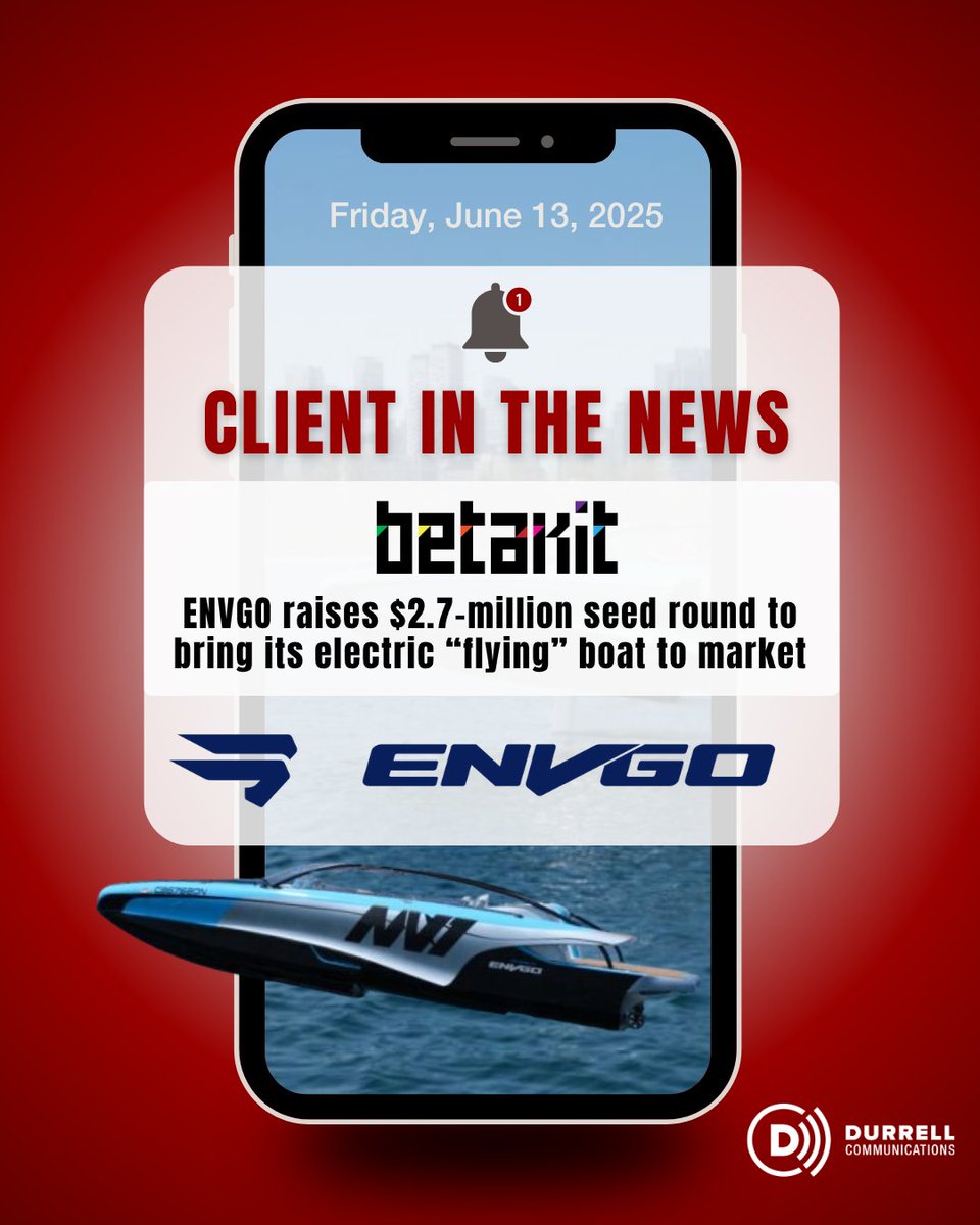 DurrellCommPR's tweet image. Big congratulations to our client, ENVGO, featured in @BetaKit for raising a $2.7 million seed round to bring their zero-emission, electric “flying” boat to market!

Read the full story here: bit.ly/45mNiUl 

#ClientintheNews #AmplifyingChangemakers #DComm #ENVGO