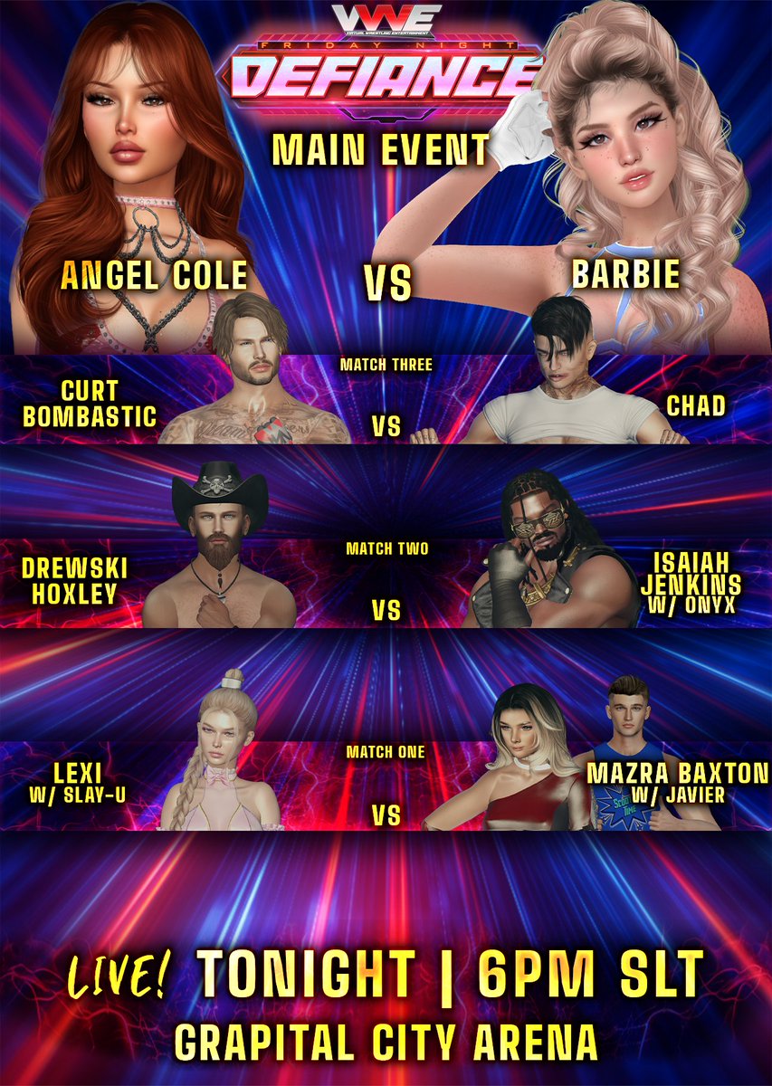 vwewrestling's tweet image. 🔥 VWE: DEFIANCE is live TONIGHT from the Grapital City Arena! 🔥

The road to BEACH BRAWL begins now and tensions are at a boiling point!

Get ready for jaw-dropping action, shocking twists, and battles that could shape the summer!

6 PM SLT
RIDE: 
maps.secondlife.com/secondlife/Gra…