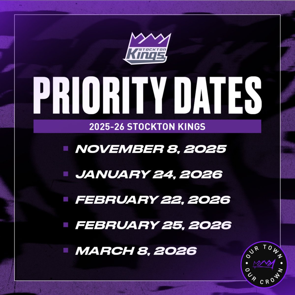 Save these dates 📅  

The 2025 G League Champion Stockton Kings have announced the following priority dates for the 2025-26 season.