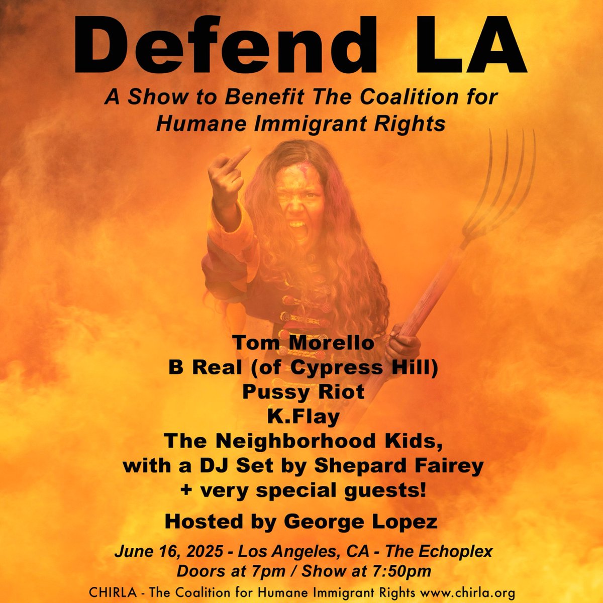 tmorello's tweet image. LOS ANGELES! – I’m calling on you to show up and make some noise! THIS MONDAY, June 16, we take the stage at The Echoplex to raise hell and raise funds for CHIRLA – The Coalition for Humane Immigrant Rights.

I’ll be joined by B Real (Cypress Hill)! Pussy Riot! K.Flay! And The…