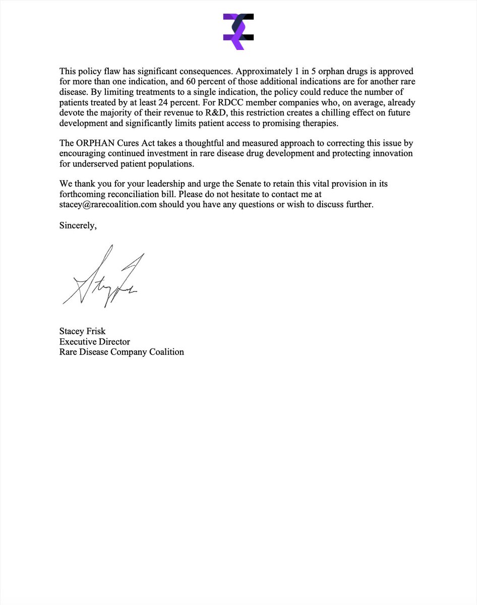 RareCoalition's tweet image. The ORPHAN Cures Act is essential to preserving rare disease innovation, and we urge the Senate to retain this vital, bipartisan provision in its reconciliation package.
Read our letter to @LeaderJohnThune and Chairman @MikeCrapo below.