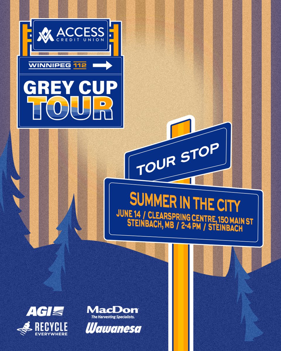 GreyCupFestival's tweet photo. π NEXT STOP: SUMMER IN THE CITY β STEINBACH! π
The Access Credit Union Grey Cup Tour rolls into town June 14! Catch the Grey Cup on display from 2:00 PM β 4:00 PM π
@Wawanesa @aggrowthintl @RecycleMB @MacDon @accesscreditunion
#GreyCupTour #SummerInTheCity #SteinbachMB https://t.co/2ECpXNYegy