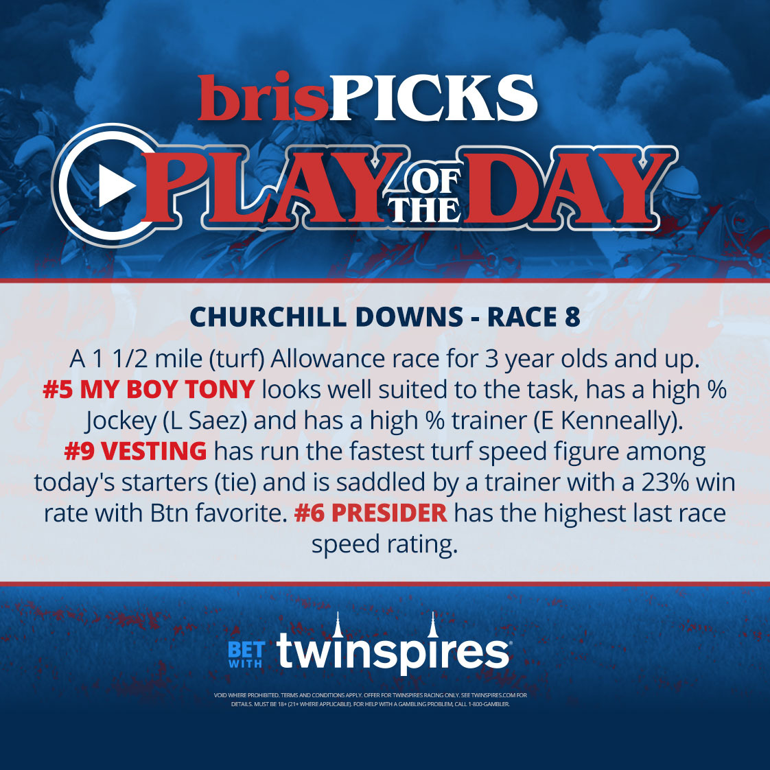 Brisnet.com (@brisnet) on Twitter photo Our brisPICKS Play of the Day is coming up next at Churchill Downs! π°
Bet with <a href="/TwinSpires/">TwinSpires Racing π</a>: spr.ly/60104M5tO Our brisPICKS Play of the Day is coming up next at Churchill Downs! π°
Bet with <a href="/TwinSpires/">TwinSpires Racing π</a>: spr.ly/60104M5tO