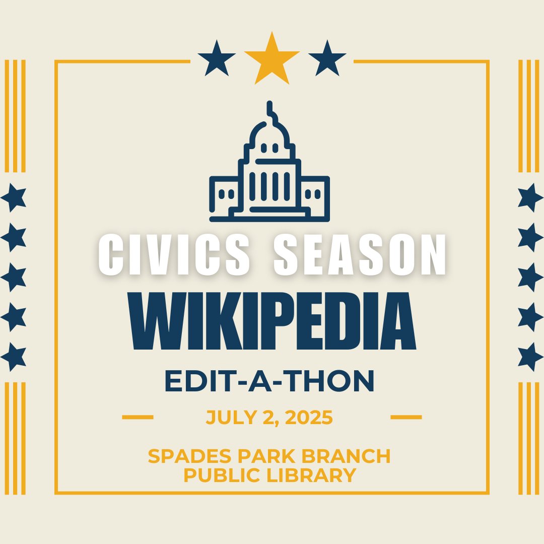 state_library's tweet image. On July 2, the Civics Season Wiki Edit-a-thon will take place at the IndyPL's Spades Branch. By adding trusted primary source documents from the State Archives to Wiki sites, editors help make the research more accurate and the sources more accessible. bit.ly/4lPxWxp