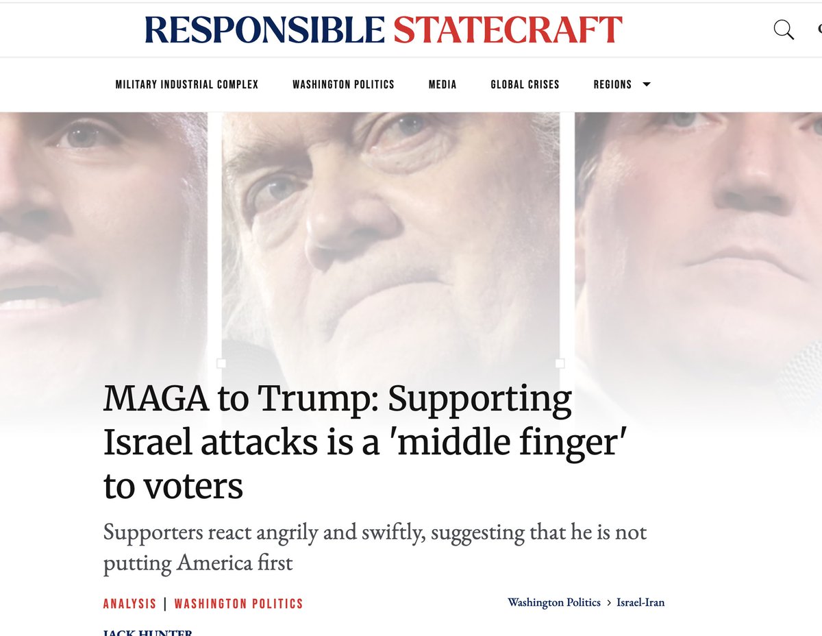 Responsible Statecraft (@rstatecraft) on Twitter photo NEW <a href="/jackhunter74/">Jack Hunter</a> : Trump supporters from <a href="/charliekirk11/">Charlie Kirk</a> and <a href="/Bannons_WarRoom/">Bannon’s WarRoom</a> to <a href="/RepThomasMassie/">Thomas Massie</a> & <a href="/TuckerCarlson/">Tucker Carlson</a> say Trump's support of #Israel attacks is not America First and he is betraying pledge to keep US out of new wars. (below) NEW <a href="/jackhunter74/">Jack Hunter</a> : Trump supporters from <a href="/charliekirk11/">Charlie Kirk</a> and <a href="/Bannons_WarRoom/">Bannon’s WarRoom</a> to <a href="/RepThomasMassie/">Thomas Massie</a> & <a href="/TuckerCarlson/">Tucker Carlson</a> say Trump's support of #Israel attacks is not America First and he is betraying pledge to keep US out of new wars. (below)