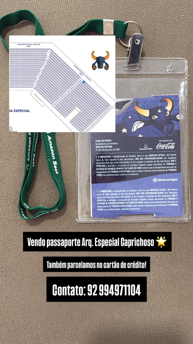 jorxotinha's tweet image. Oieee. Gente, tô vendendo meu passaporte para as 3 noites do Festival de Parintins 

Arquibancada Especial Inteira 
Lado Caprichoso ⭐️

Maio de pagamento super facilitado e parcela pelo cartão de crédito também.

Interessados entrar em contato pelo número na foto abaixo 💙