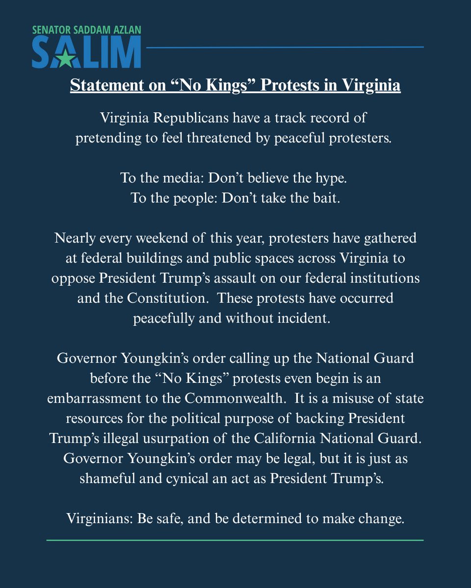 SalimForVA's tweet photo. My statement on the "No Kings" protests in Virginia tomorrow and the governor deploying the National Guard. #nokingsprotest https://t.co/kLSl4Gx0JX