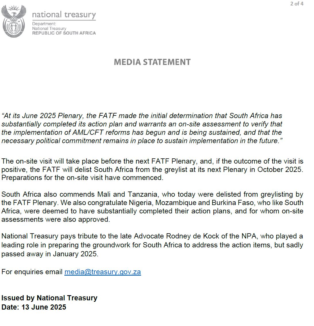 Media statement alert: South Africa makes significant progress on FATF greylisting #Greylist <a href="/GovernmentZA/">South African Government</a>