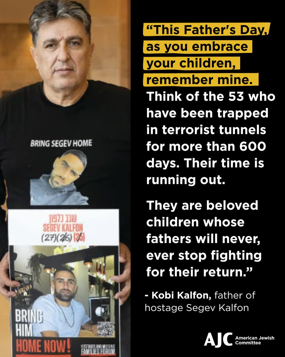 AJCGlobal's tweet photo. This Father’s Day, as you hug your dad or hold your kids close, remember those who can’t.

Fathers like Kobi—and families across Israel and around the world—will never stop fighting until they are reunite with their loved ones held captive by Hamas.

53 hostages remain in Gaza and they need to come home NOW.