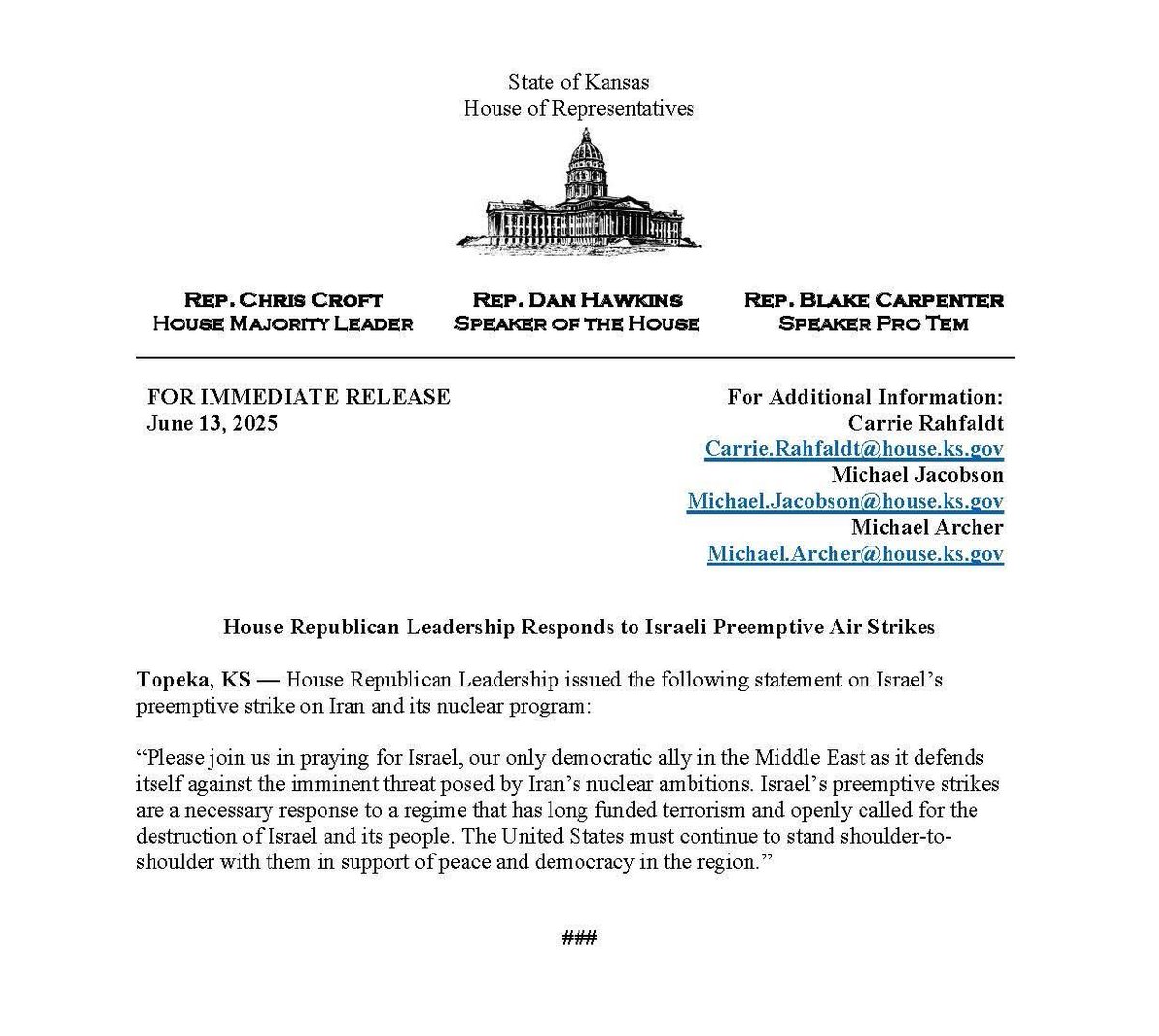 House Republican Leadership issued the following statement on Israel’s preemptive strike on Iran and its nuclear program. #ksleg 

Read the full statement below ⬇️