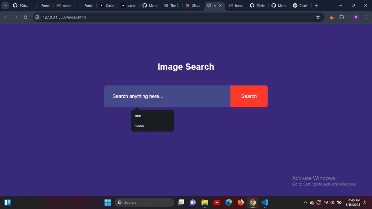 qasimrokeeb's tweet image. Day 28 of #30DaysOfJavaScript
I built an Image Search Engine powered by the Unsplash API 🖼️🔍
✅ Search any keyword
✅ Fetch 12 images per page
✅ Show more button for infinite scroll

All with vanilla JS, no libraries needed!
#JavaScript #WebDevelopment #30DaysOfJs