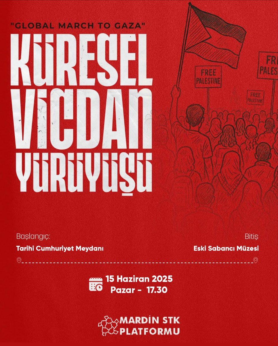 Ülke genelinde eş zamanlı yapılacak olan Küresel Vicdan Yürüyüşü’ne biz de Mardin STK Platformu olarak destek veriyoruz.

Pazar günü yapılacak basın açıklaması, yürüyüş ve duaya davetli ve davetçisiniz.

#GlobalMarchToGaza