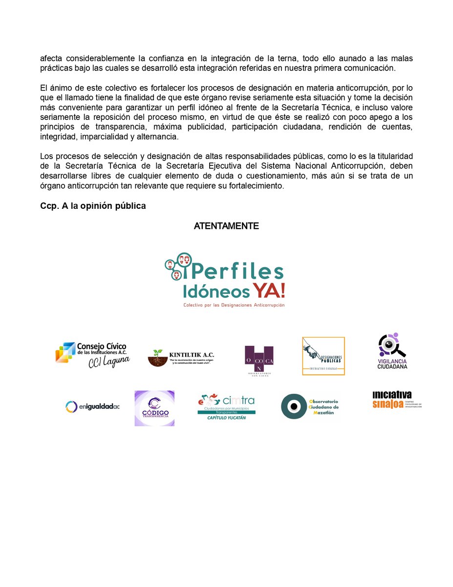 Preocupadas por la forma en como se ha dado el proceso de selección de la terna para el ST de la <a href="/SESNAOficial/">SESNAOficial</a>, enviamos una carta al órgano de gobierno para que tome las medidas que garanticen un perfil idóneo.
#PerfilesIdóneosYa