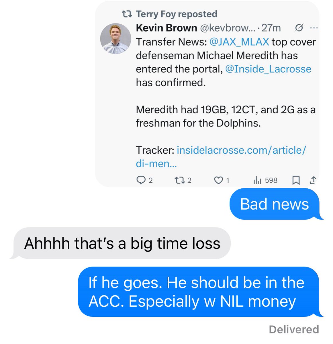 Ray Carnicelli aka Lax904 (@lax904) on Twitter photo With Meredith headed to Virginia from Jax, here is a text I sent when he entered the portal. Cavaliers got a good one, Jax has a great history of finding gems and I trust they will again to replace MM99. Enjoyed having him here With Meredith headed to Virginia from Jax, here is a text I sent when he entered the portal. Cavaliers got a good one, Jax has a great history of finding gems and I trust they will again to replace MM99. Enjoyed having him here