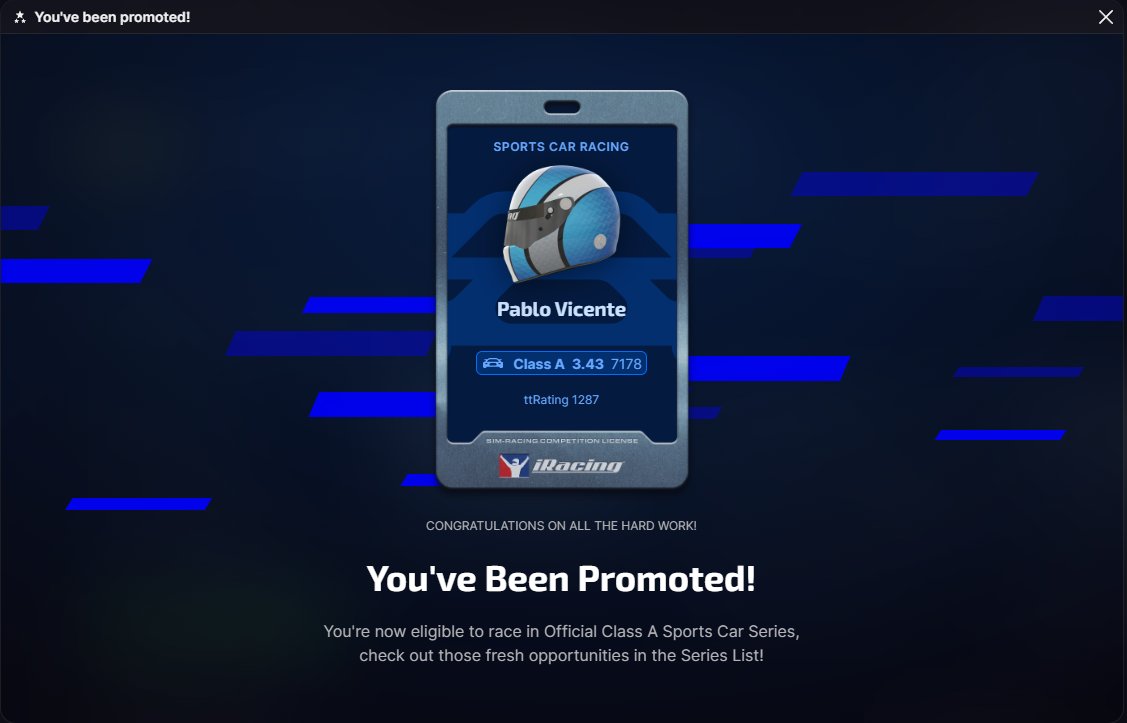 YES! Terminamos esta S2 de <a href="/iRacing/">iRacing</a> de la mejor forma posible, con Licencia A! y récord en iRating.

Muy contento con mi nivel aunque soy consciente de que cada día que pasa voy a menos, y poco futuro me espera, aun así seguiremos compartiendo todas mis carreras en directo ❤️.