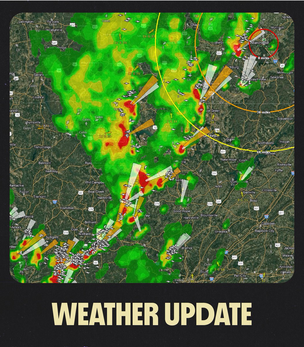 Bonnaroo's tweet image. Hey Bonnaroovians: multiple storm cells are heading towards The Farm. We may get pockets of clear skies, but we need to keep Centeroo closed for your safety until the threat of severe weather passes.
Continue to shelter in your vehicle & we will keep you updated as we know more!