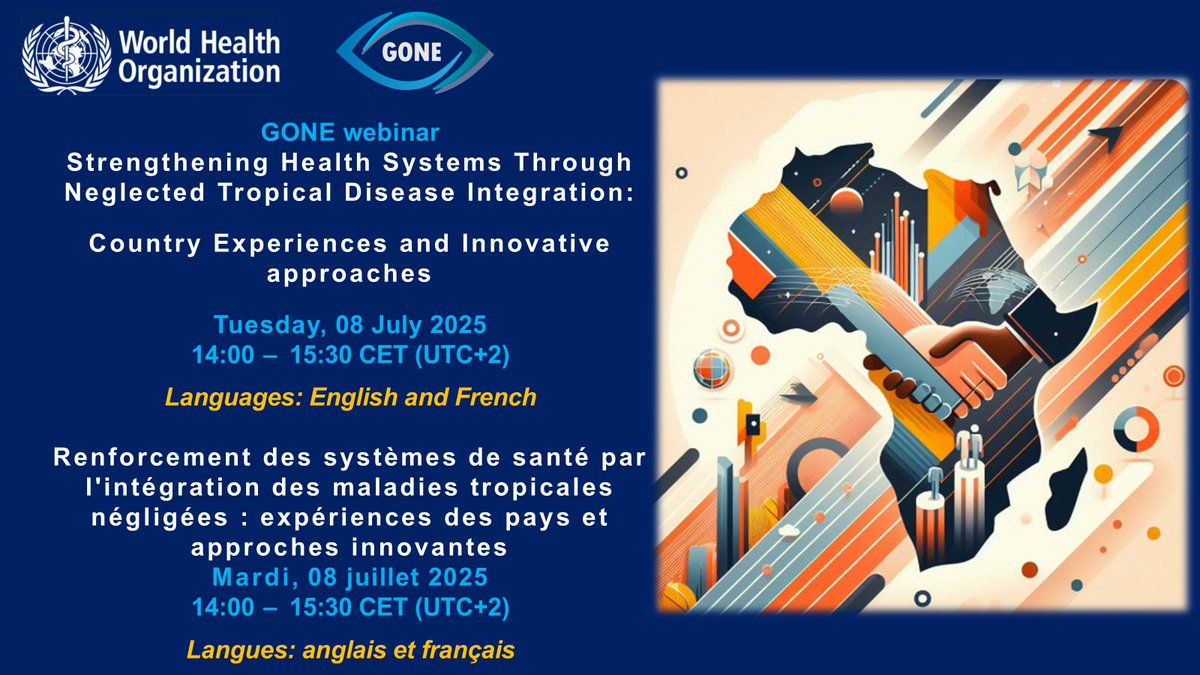 Upcoming #GONE webinar: “Strengthening Health Systems Through Neglected Tropical Disease Integration: Country Experiences and Innovative Approaches” #beatNTDs #NonAuxMTN
📷 Tuesday, 08 July 2025
📷 14:00 – 15:30 (CET, UTC+2)
Register now:
who.zoom.us/webinar/regist…