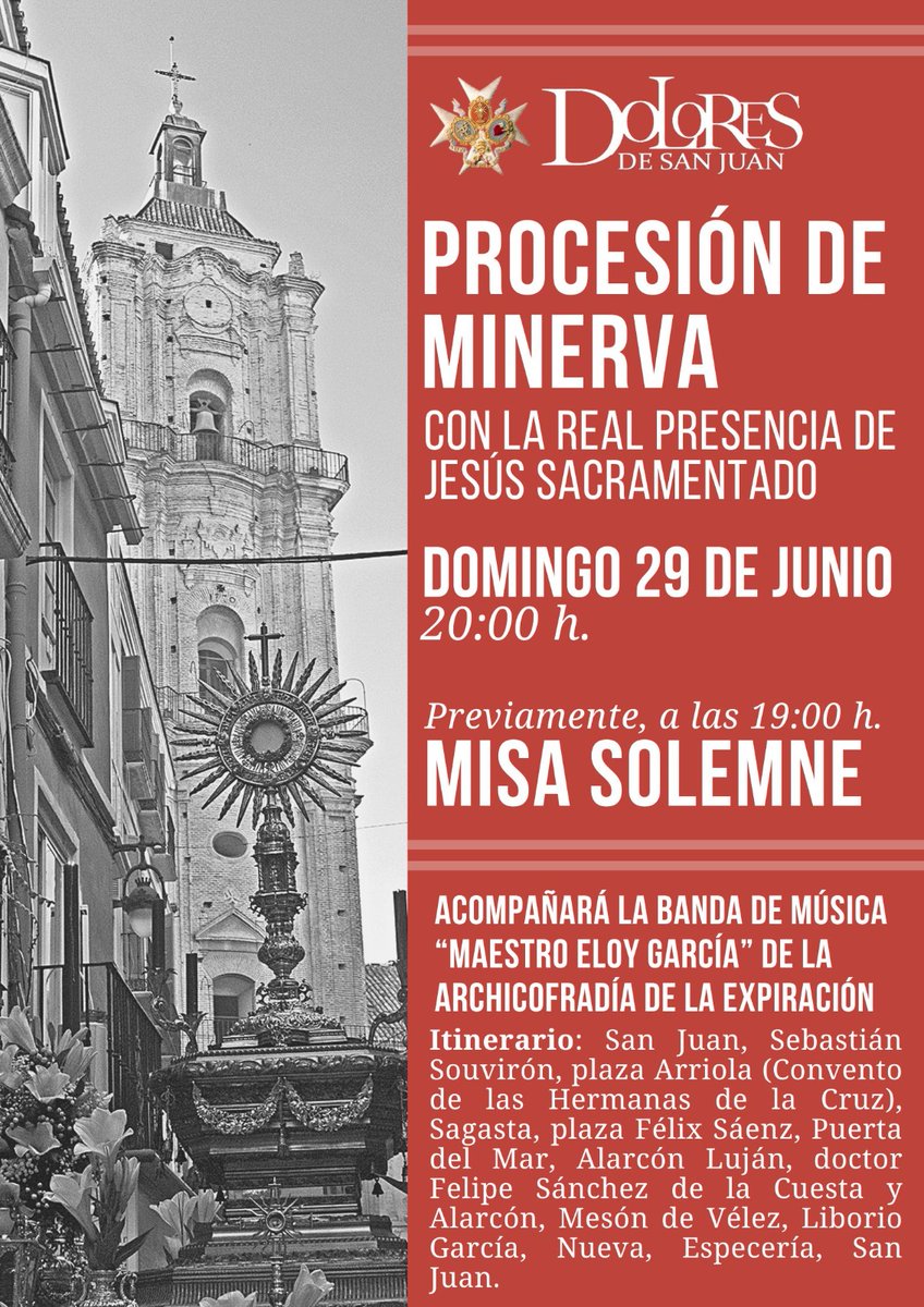 🗓️ Anunciamos la Procesión de Minerva de la Octava del #CorpusChristi, que se celebrará en la tarde del domingo 29 de junio 

🌾 El itinerario por la feligresía de San Juan cambia de sentido, acudiendo en primer lugar al Convento de las Hermanas de la Cruz

#cofradíasMLG
